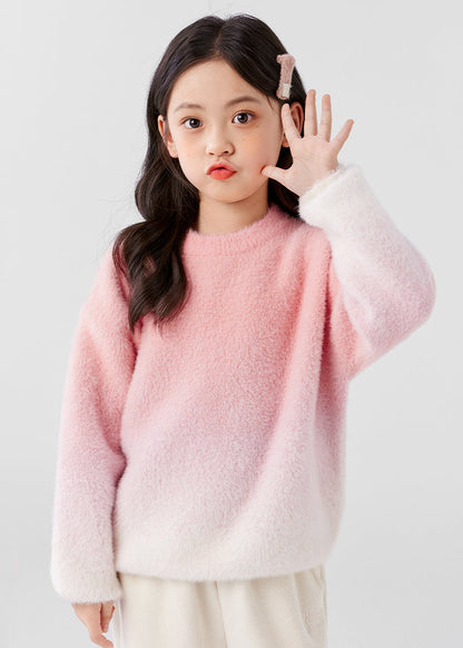 Gradient Color Pink O-Neck Mink Velvet Knit Girls Sweater Spring TP048