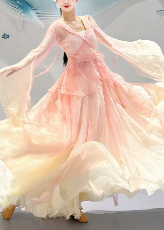 Pieces Zweifarbige Maxiröcke Aus Seide Mit Rosafarbenem Ausschnitt Und V-förmigem Farbverlauf