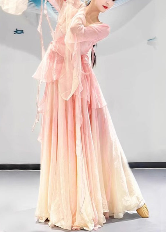 Pieces Zweifarbige Maxiröcke Aus Seide Mit Rosafarbenem Ausschnitt Und V-förmigem Farbverlauf