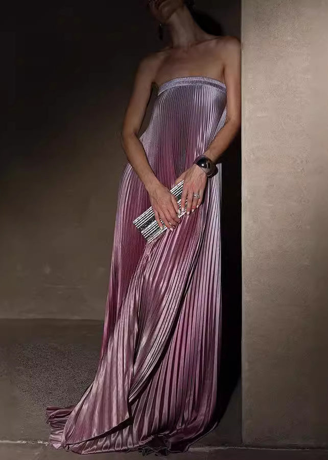 Long Color Sleeveless Bustier Dress Gradient Purple Top Wrinkled