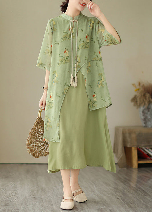 Robe asymétrique à pompons, imprimé herbe, deux pièces, verte