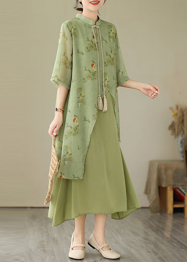 Robe asymétrique à pompons, imprimé herbe, deux pièces, verte
