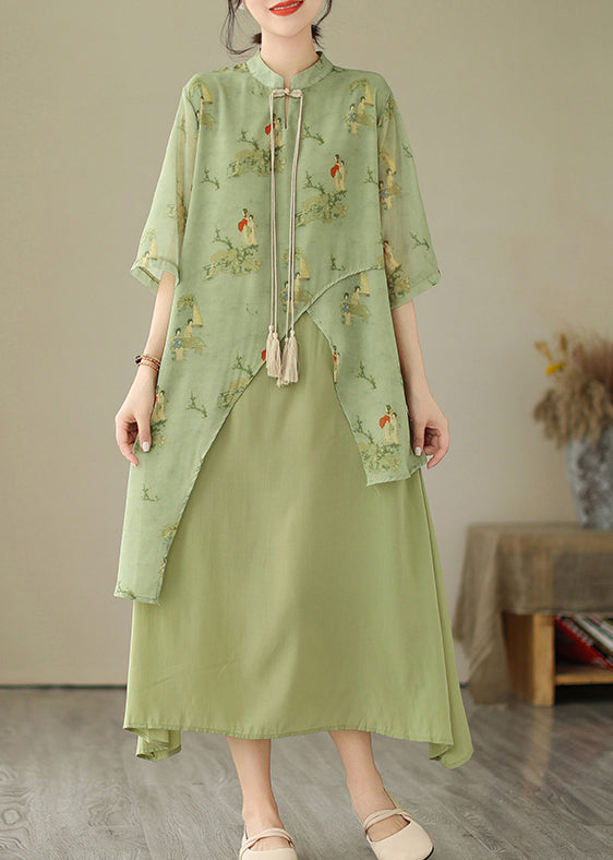 Robe asymétrique à pompons, imprimé herbe, deux pièces, verte