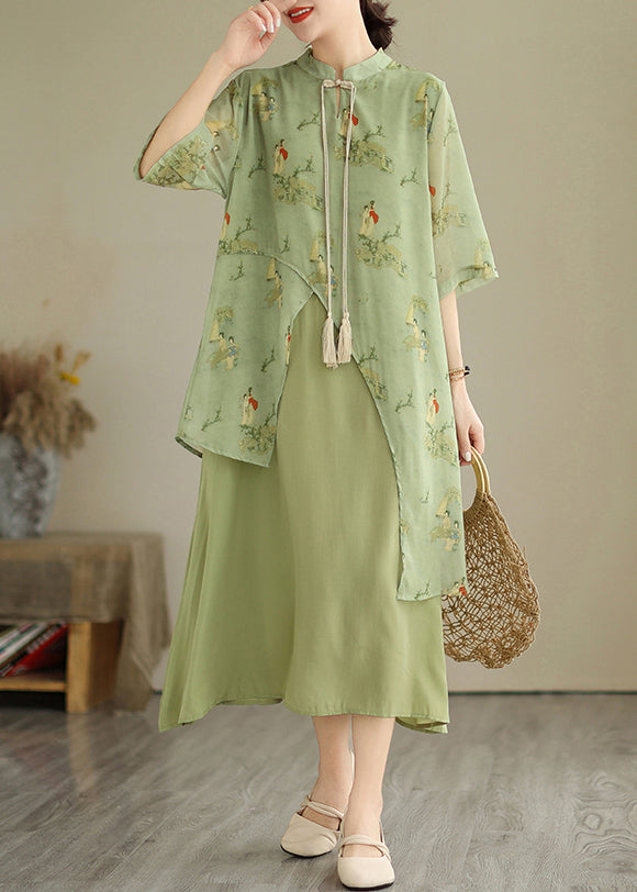 Robe asymétrique à pompons, imprimé herbe, deux pièces, verte