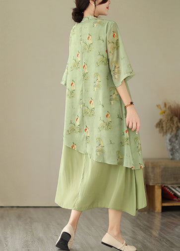 Robe asymétrique à pompons, imprimé herbe, deux pièces, verte