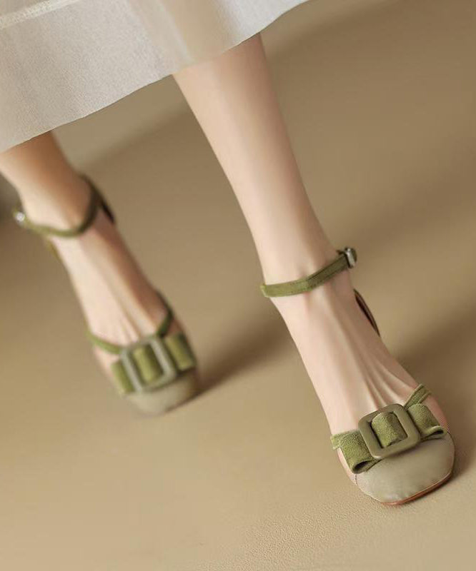 Strap Grass Sandals Chic Chunky Buckle Green Tulle Splicing