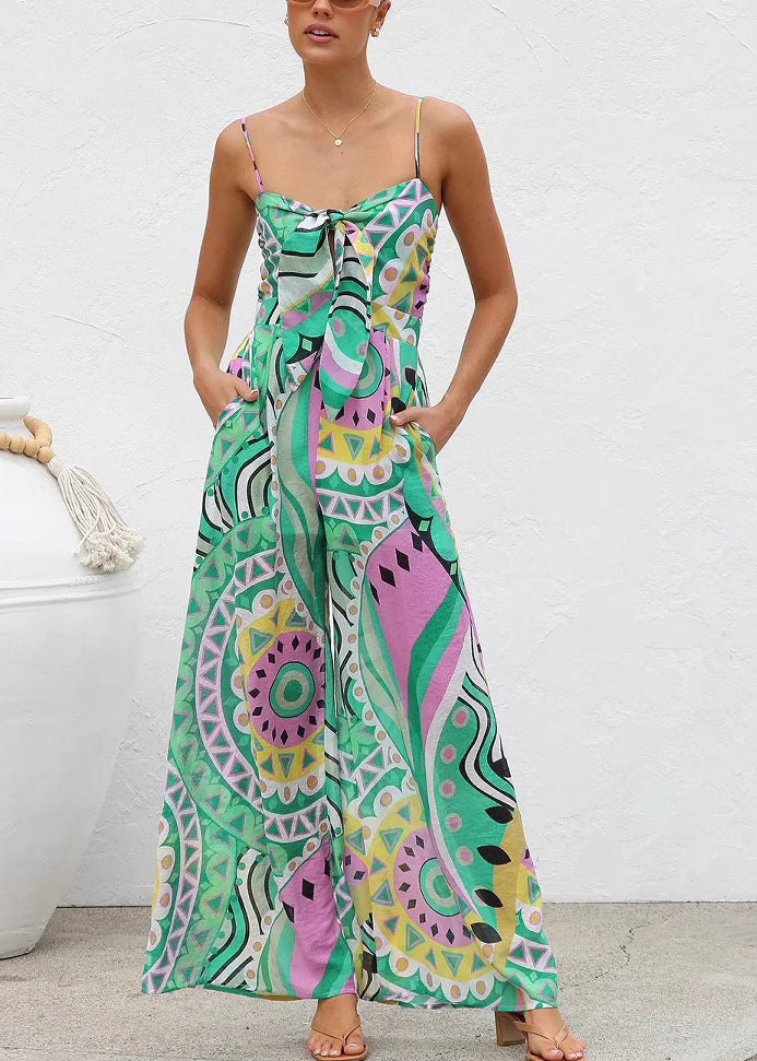 Summer Leg Wide Bow Jumpsuit Print Green