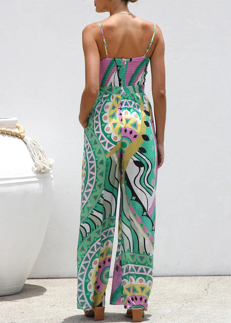 Summer Leg Wide Bow Jumpsuit Print Green