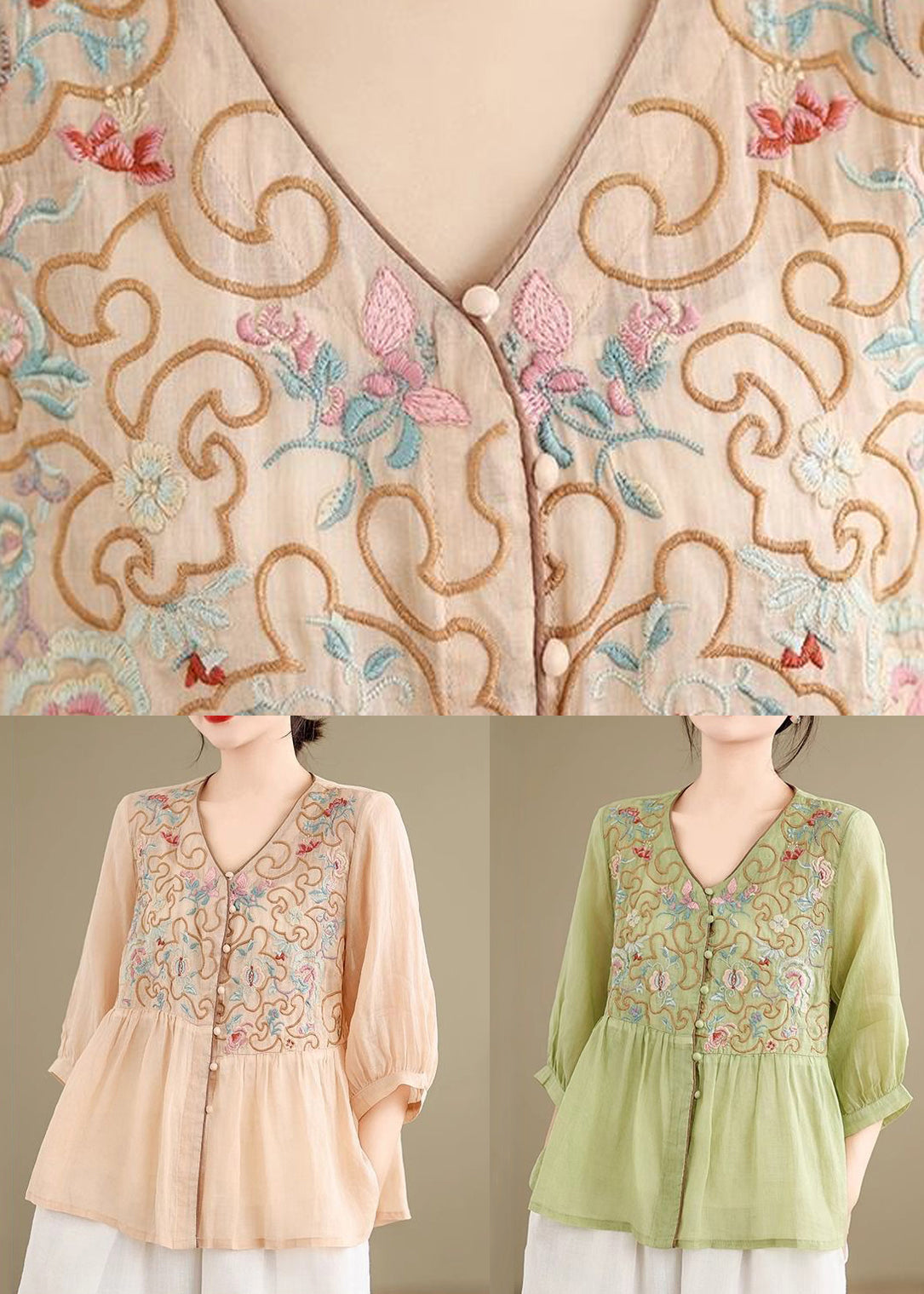 Green Embroidered Button Sleeve Linen Bracelet