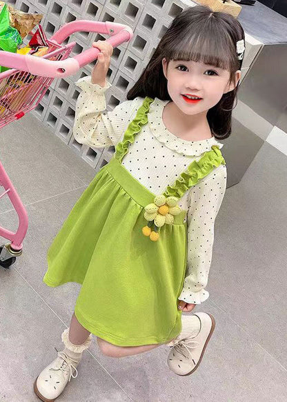 Green Button Patchwork Cotton Girls Dresses O-Neck Flare Sleeve XZ063