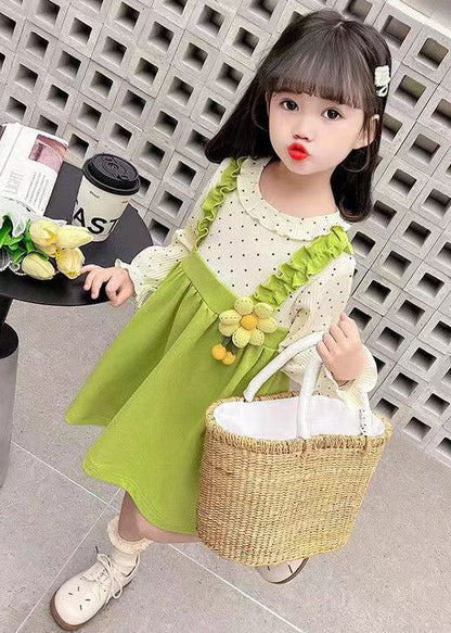 Green Button Patchwork Cotton Girls Dresses O-Neck Flare Sleeve XZ063