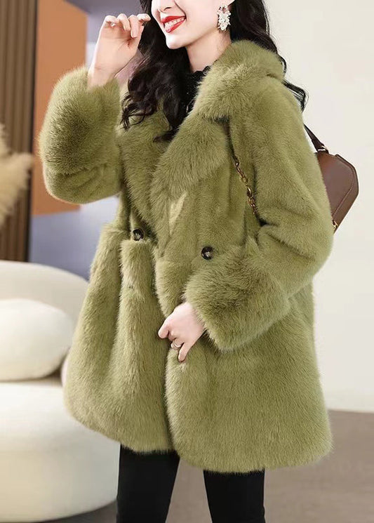 Green Button Pockets Mink Velvet Coat Peter Pan Collar Winter WQ040