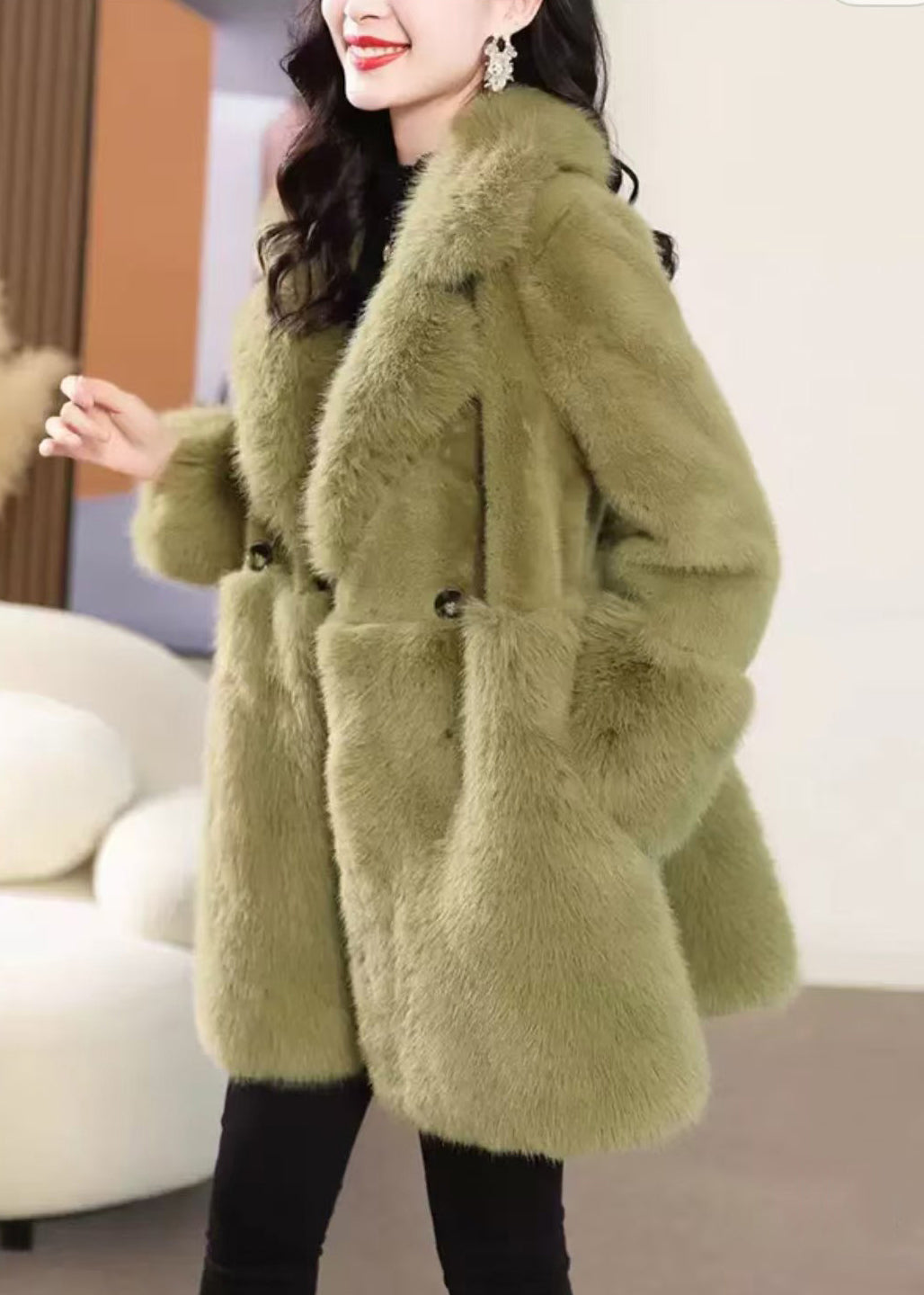 Green Button Pockets Mink Velvet Coat Peter Pan Collar Winter WQ040