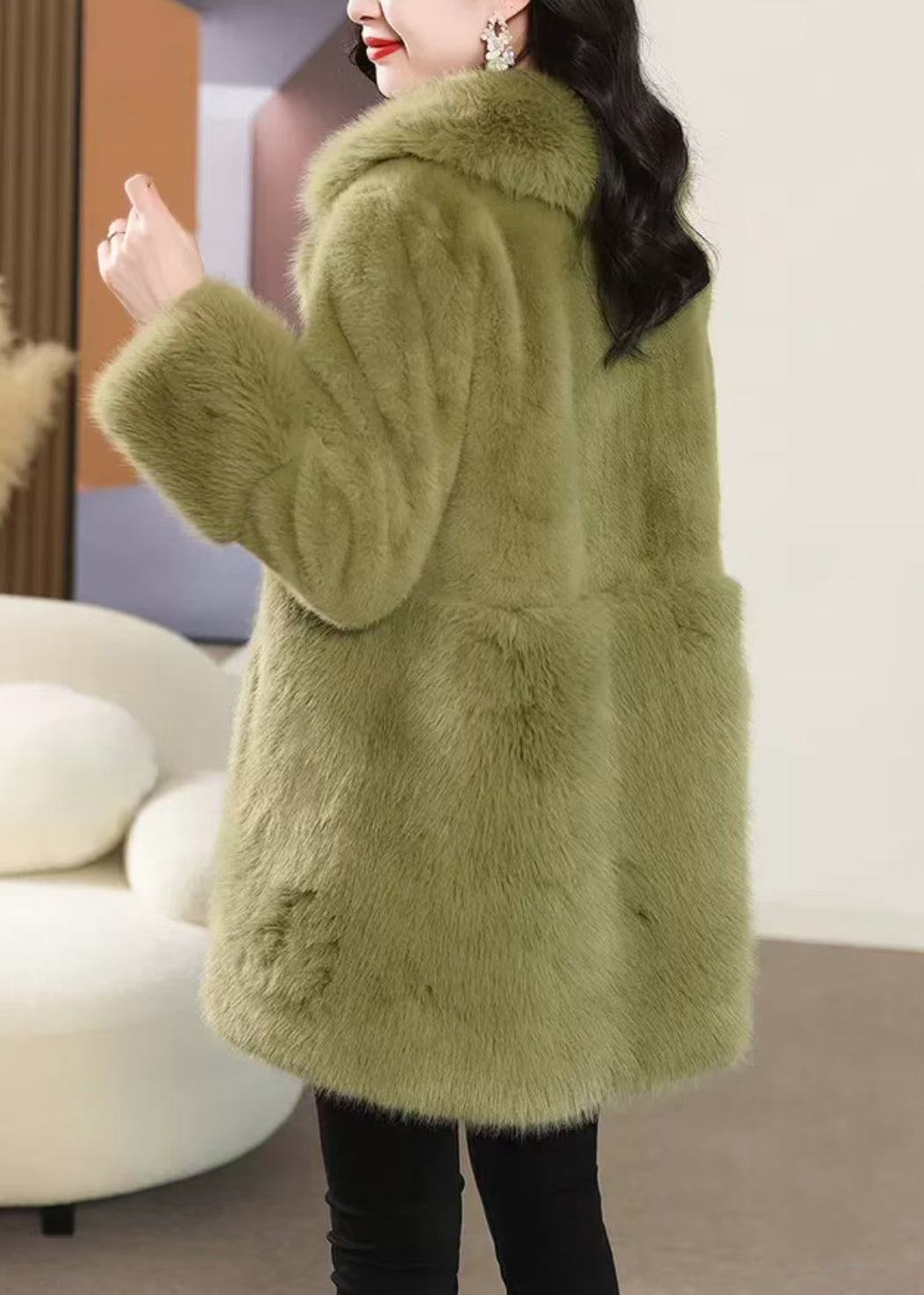 Green Button Pockets Mink Velvet Coat Peter Pan Collar Winter WQ040