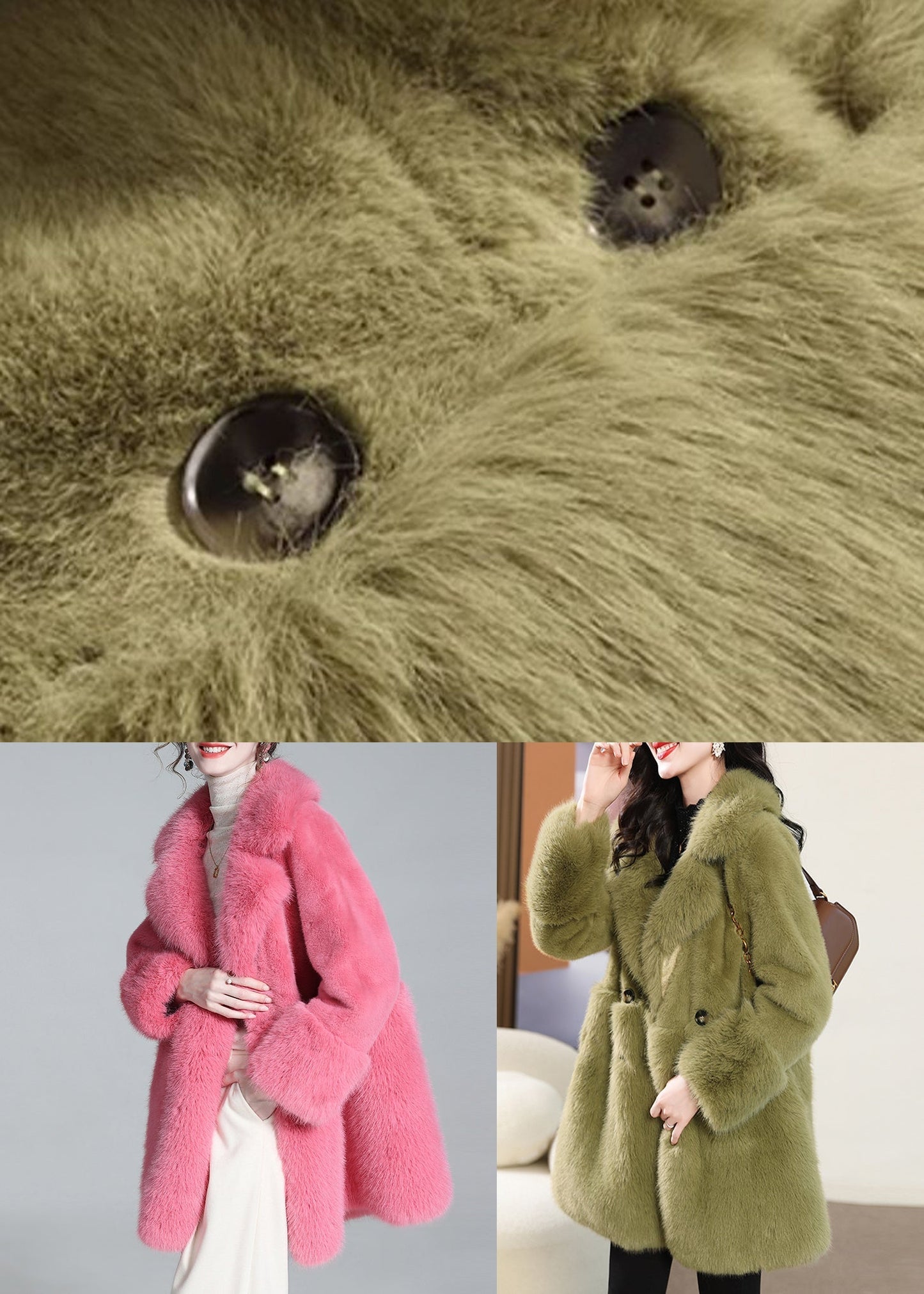 Green Button Pockets Mink Velvet Coat Peter Pan Collar Winter WQ040