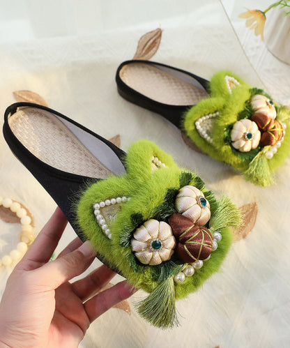 Green Chinese Style Cotton Fabric Slippers Shoes Nail Bead TQ047