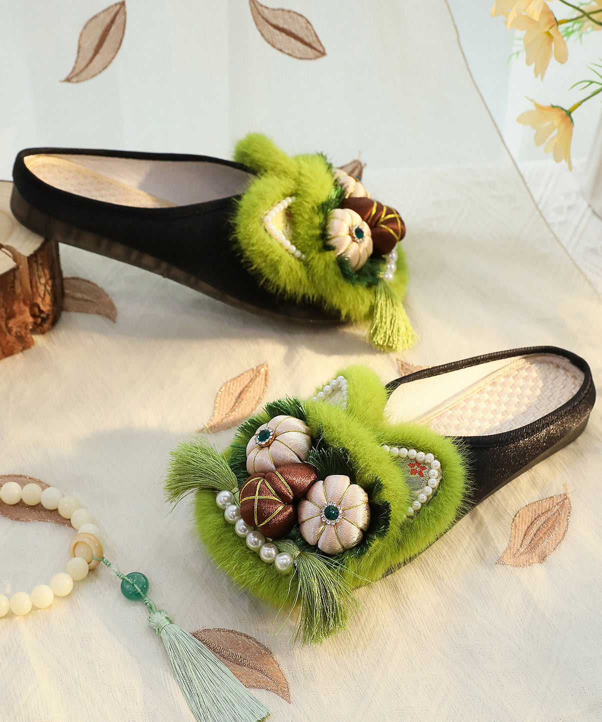 Green Chinese Style Cotton Fabric Slippers Shoes Nail Bead TQ047