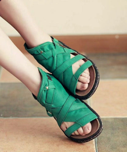 Green Cowhide Leather Retro Splicing Best Flat Sandals Hollow Out JJ068