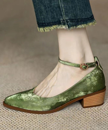 Green Faux Leather Loafers For Women Splicing Buckle Strap WB008