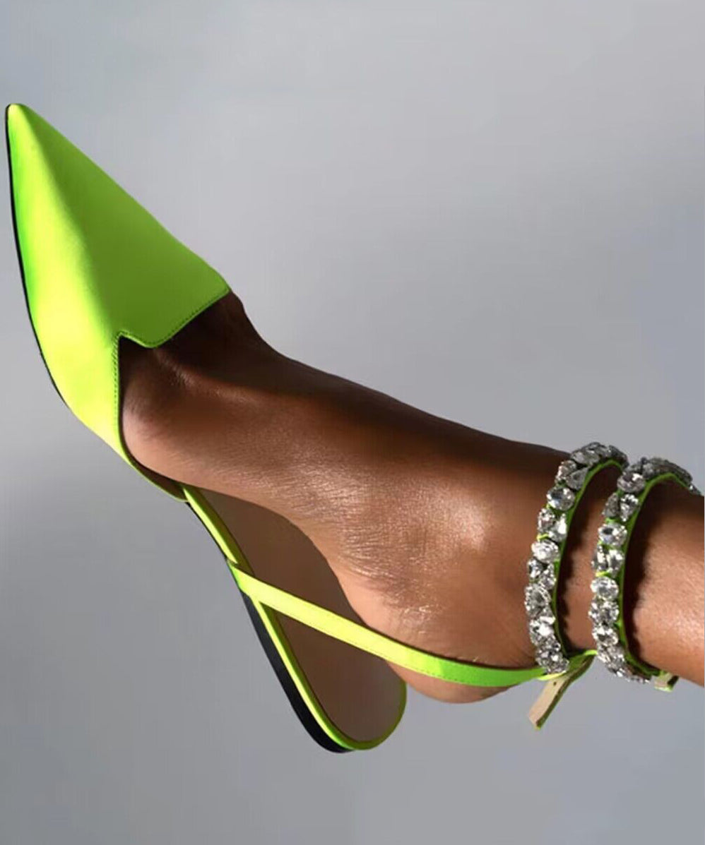 Style American Green Splicing Zircon Flat Toe Pointed Sandals