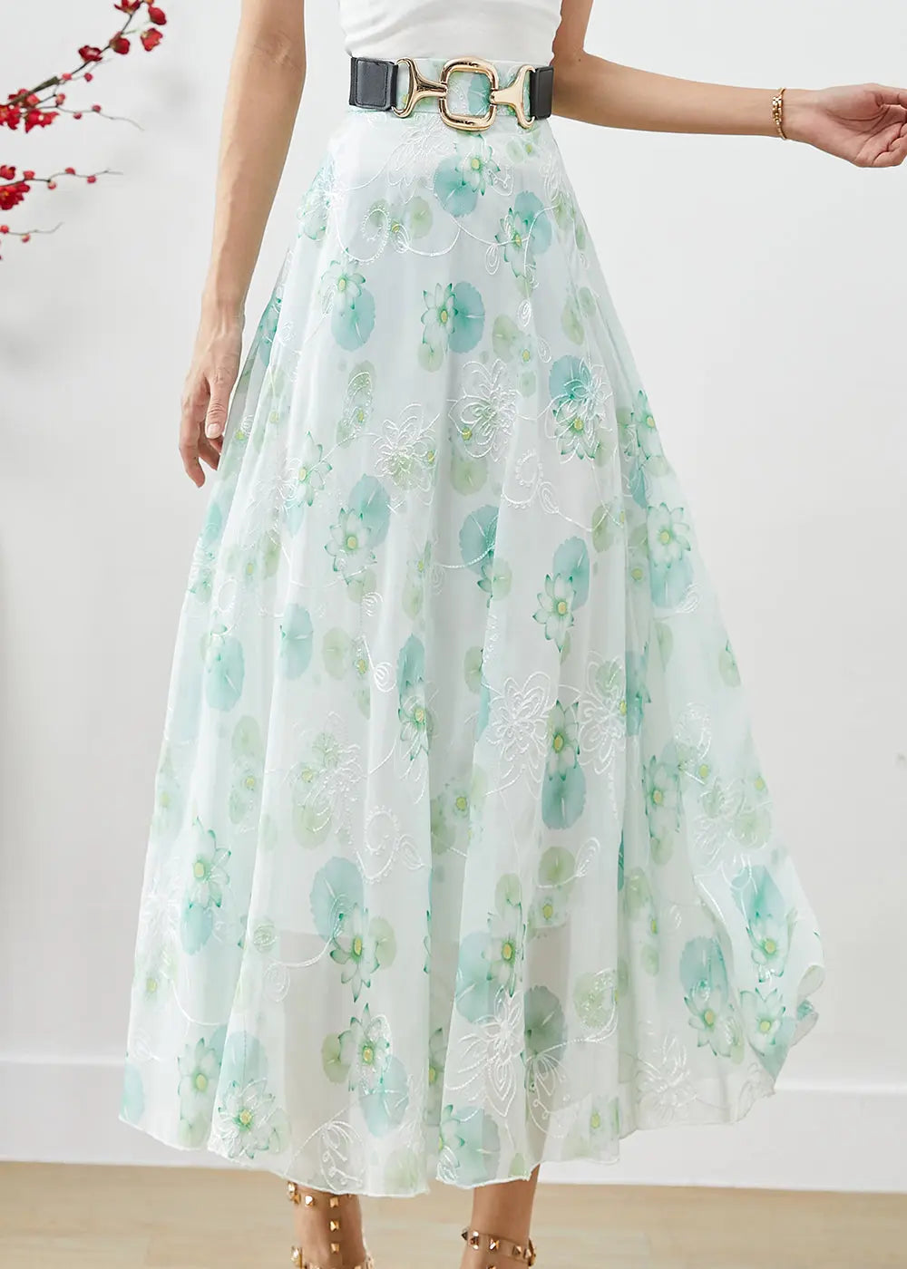 Green Floral Chiffon Skirts Exra Large Hem Fall Ada Fashion