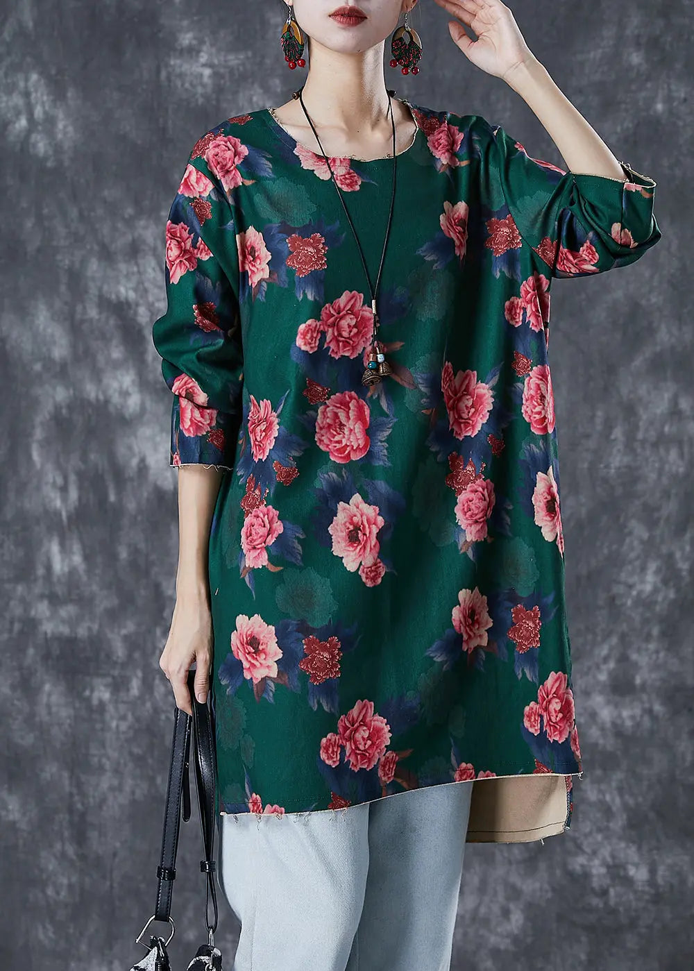 Green Floral Print Linen Mini Dress Side Open Fall Ada Fashion