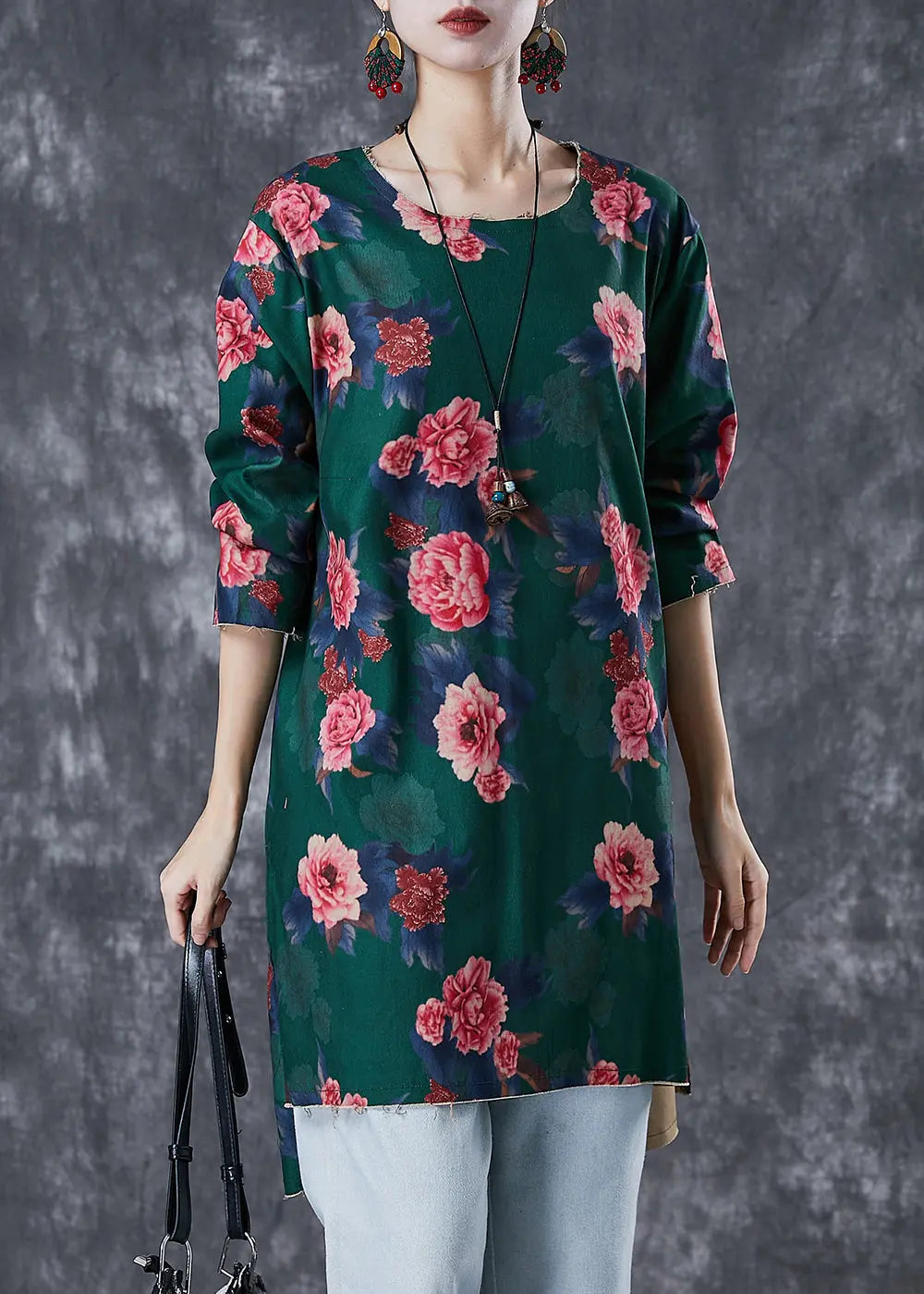 Green Floral Print Linen Mini Dress Side Open Fall Ada Fashion