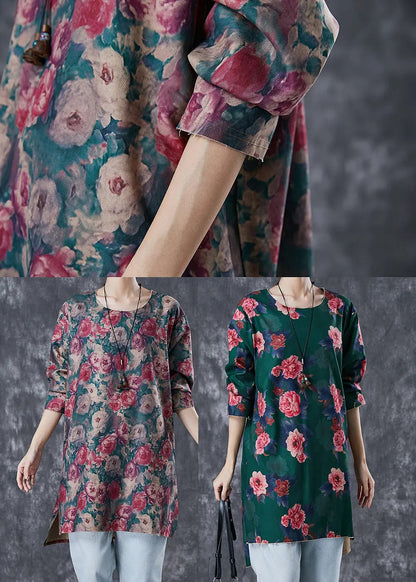 Green Floral Print Linen Mini Dress Side Open Fall Ada Fashion