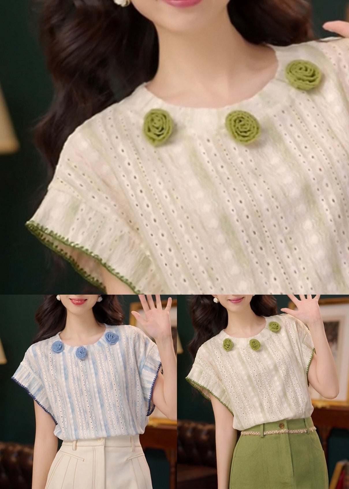 T Summer Neck O Shirts Green Out Hollow Cotton Striped