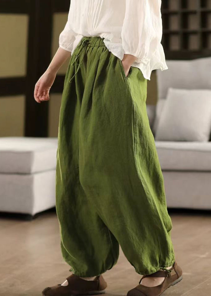Hose Solide Sommer LaceUp Elastische Leinen Taille Grün Crop