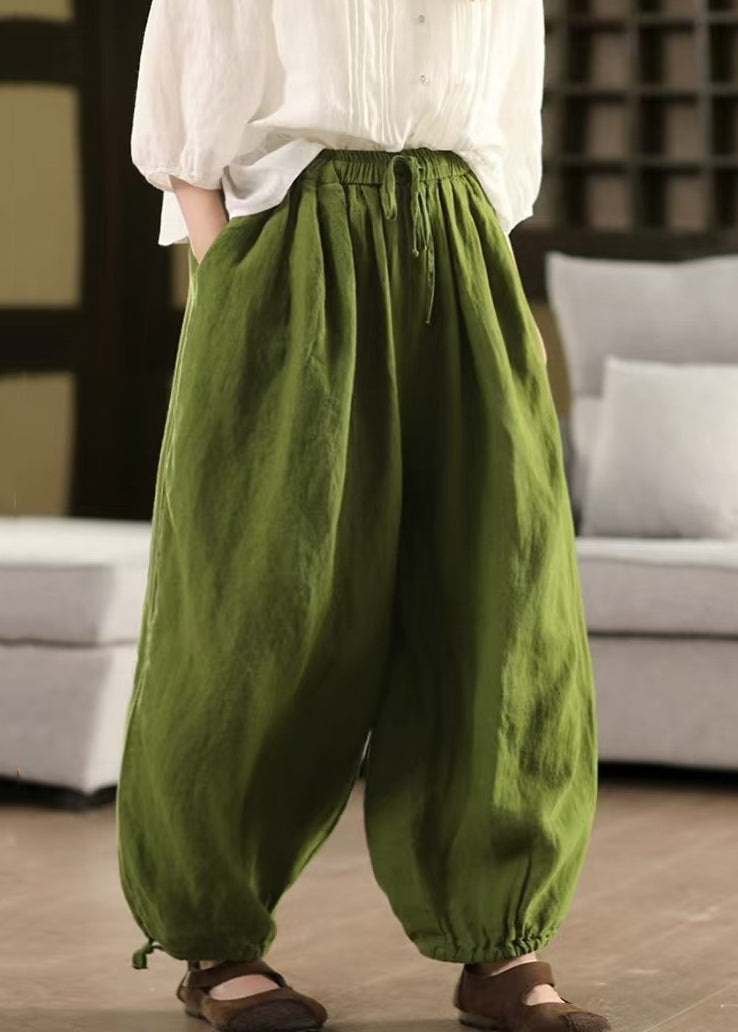 Hose Solide Sommer LaceUp Elastische Leinen Taille Grün Crop