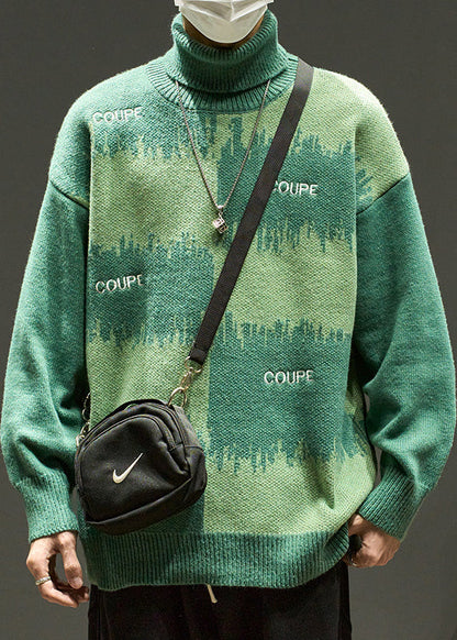 Green Letter Loose Knit Men Sweater Turtleneck Winter RJ042