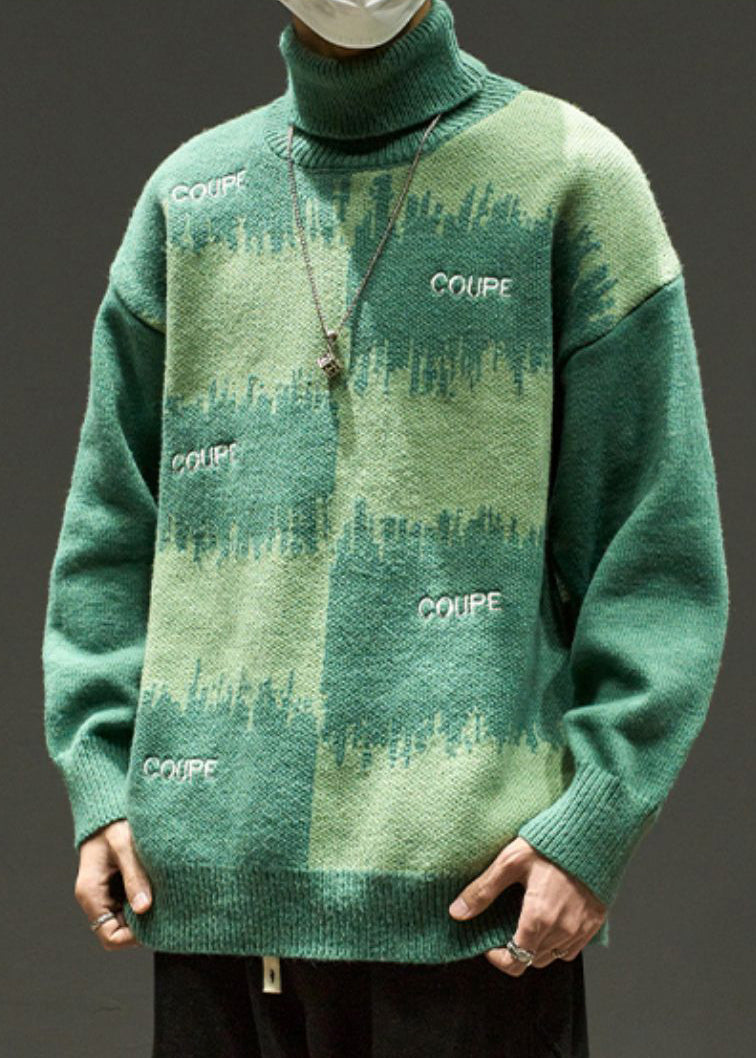 Green Letter Loose Knit Men Sweater Turtleneck Winter RJ042