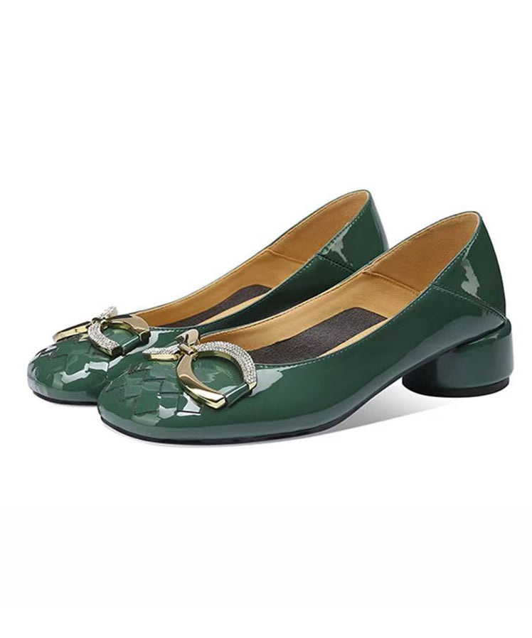 Green Loafer Shoes Chunky Faux Leather Stylish Splicing QK028