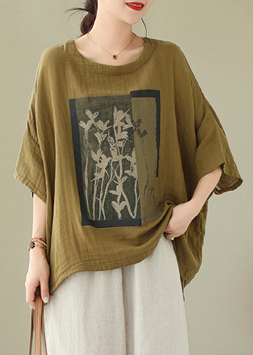 T-shirt manches longues chauve-souris en coton vert à col rond