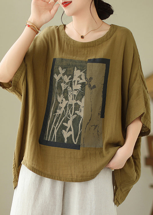 T-shirt manches longues chauve-souris en coton vert à col rond