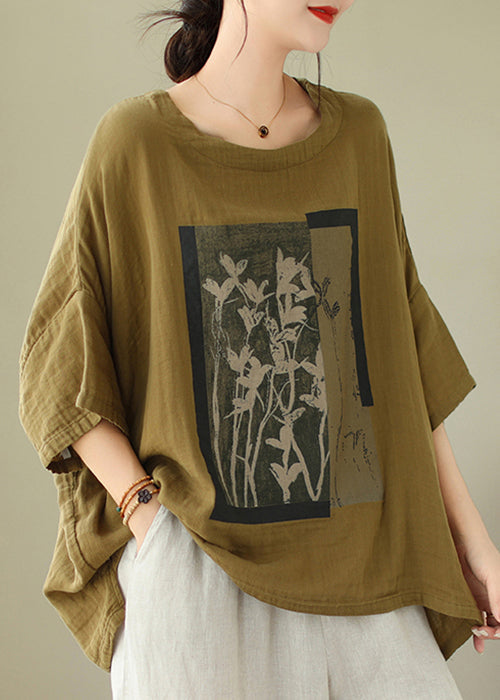 T-shirt manches longues chauve-souris en coton vert à col rond