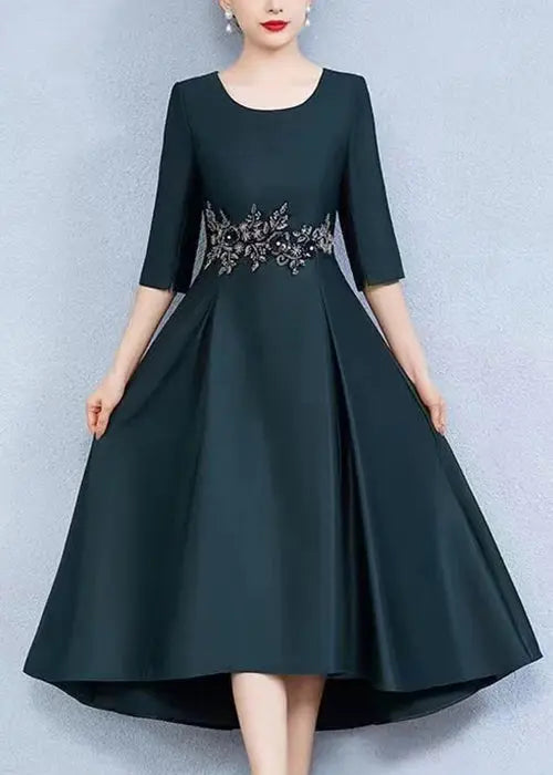 Green Low High Design Patchwork Silk Long Dress O Neck Summer Ada Fashion
