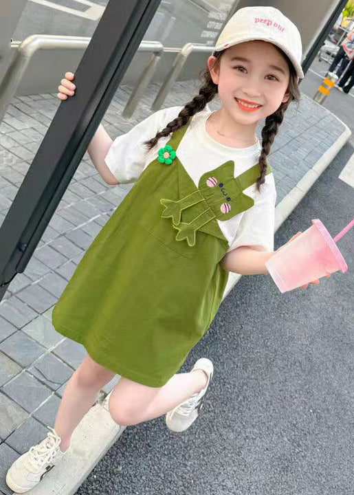 Green Patchwork Cotton Girls Mid Dress O Neck Short Sleeve EW045