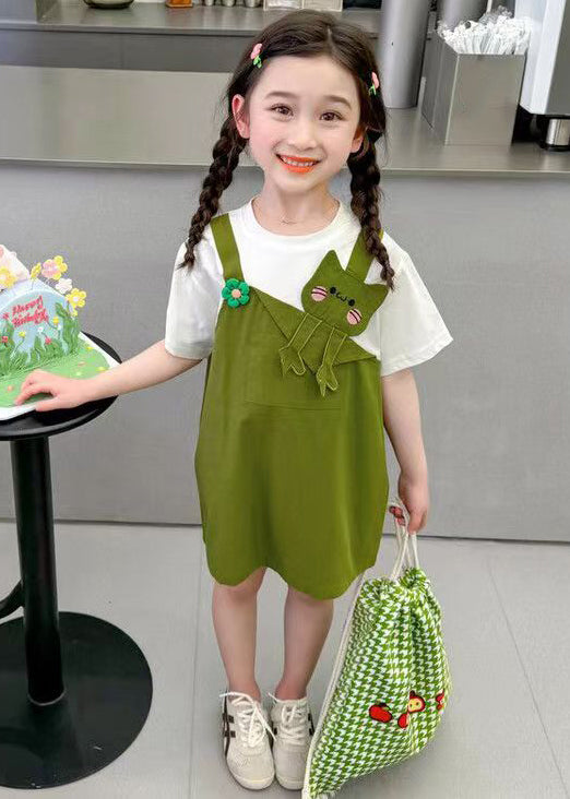 Green Patchwork Cotton Girls Mid Dress O Neck Short Sleeve EW045