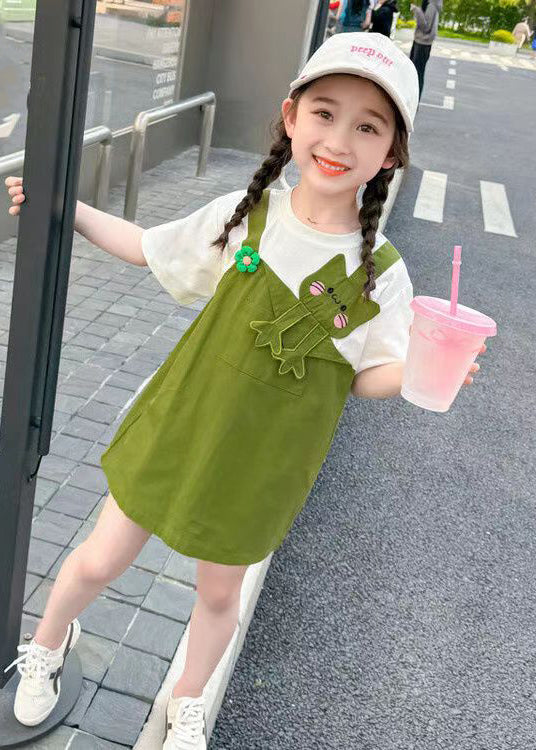 Green Patchwork Cotton Girls Mid Dress O Neck Short Sleeve EW045