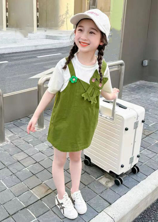 Green Patchwork Cotton Girls Mid Dress O Neck Short Sleeve EW045