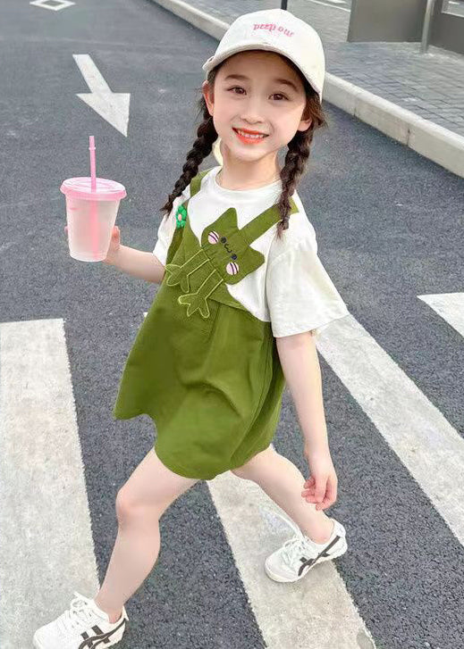 Green Patchwork Cotton Girls Mid Dress O Neck Short Sleeve EW045