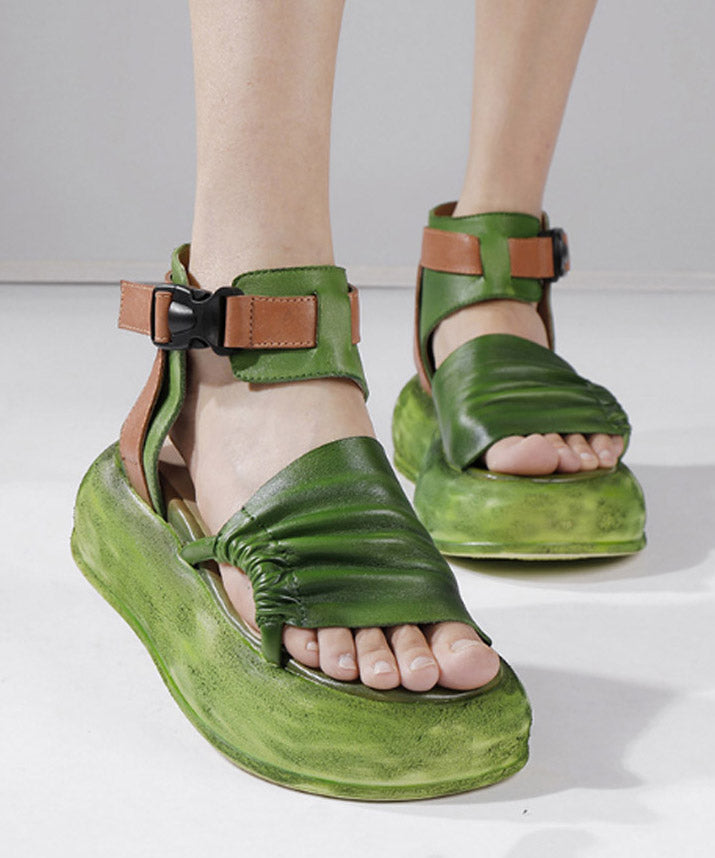 Sandales à plateforme vintage en cuir vert et cuir de vache