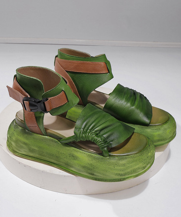 Sandales à plateforme vintage en cuir vert et cuir de vache