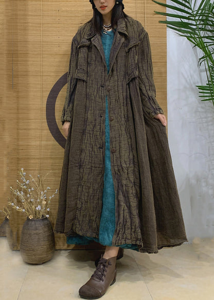 Green Pockets Linen Long Trench Coat Notched Long Sleeve AA1005