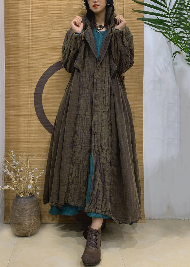 Green Pockets Linen Long Trench Coat Notched Long Sleeve AA1005