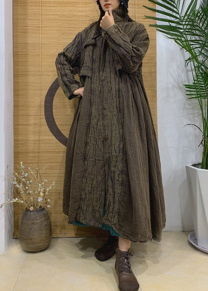 Green Pockets Linen Long Trench Coat Notched Long Sleeve AA1005