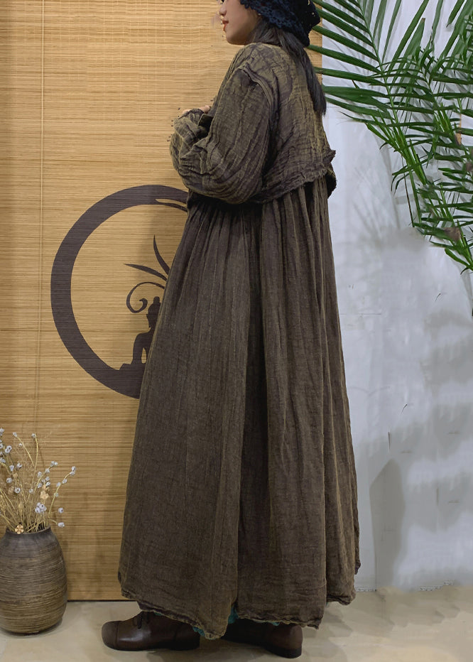 Green Pockets Linen Long Trench Coat Notched Long Sleeve AA1005