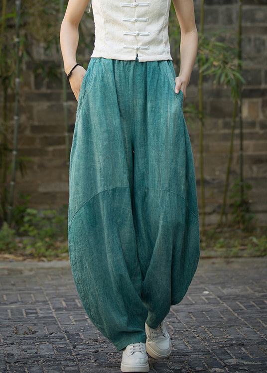 Green Pockets Linen Wide Leg Pants Elastic Waist QE039